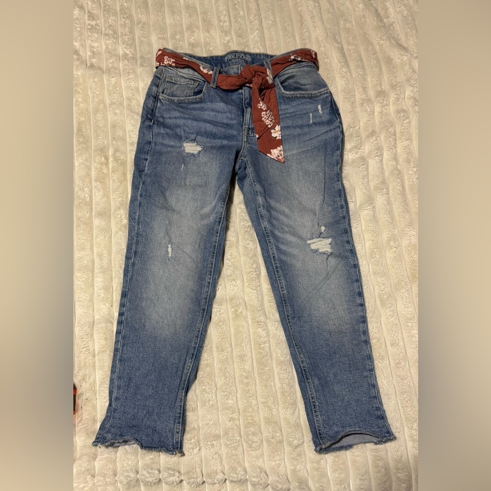 Maurices Blue Boyfriend Jeans with Floral Belt - Relaxed fit.